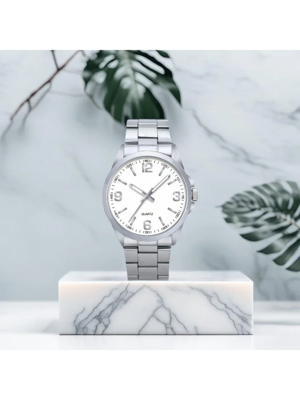 Men's Silver And White Analog Stainless Steel Case Arabic Numerals Classic Watch